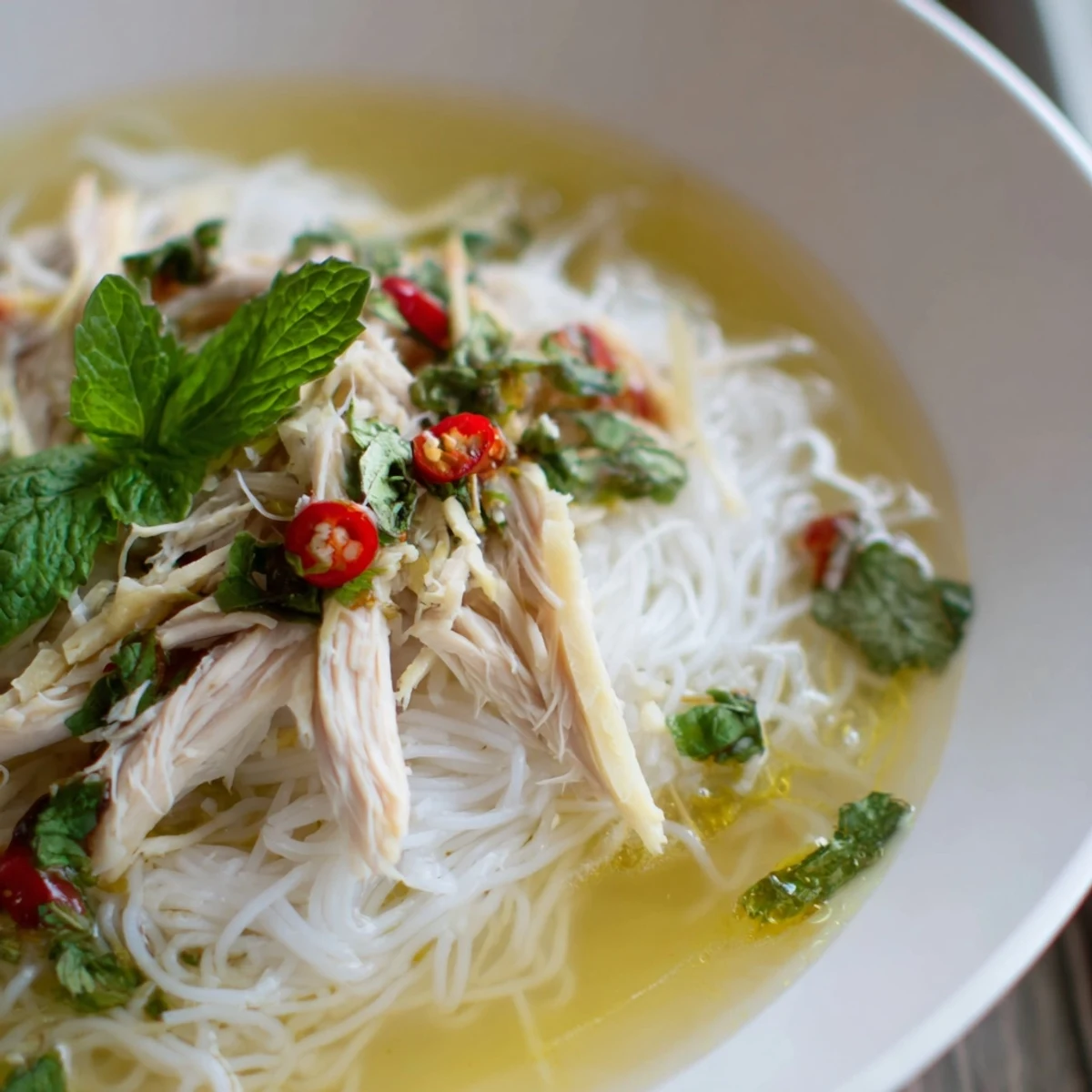A steaming bowl of Bun Thang features clear broth, pork sausage slices, and fresh mint for a comforting Vietnamese meal.