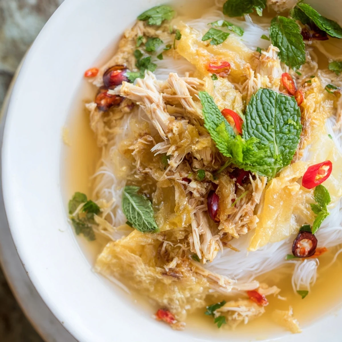 Close-up of Bun Thang with tender chicken, silky eggs, and vibrant herbs served in a traditional Hanoi style.