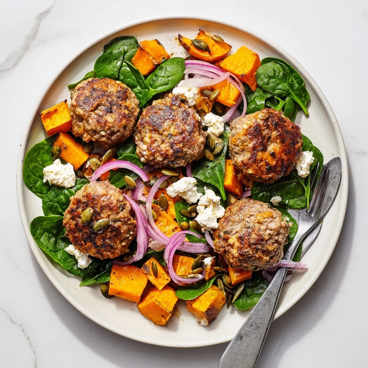 Tender lamb rissoles sizzle beside a vibrant, feta-topped sweet potato salad, a gluten-free dinner ready to serve.