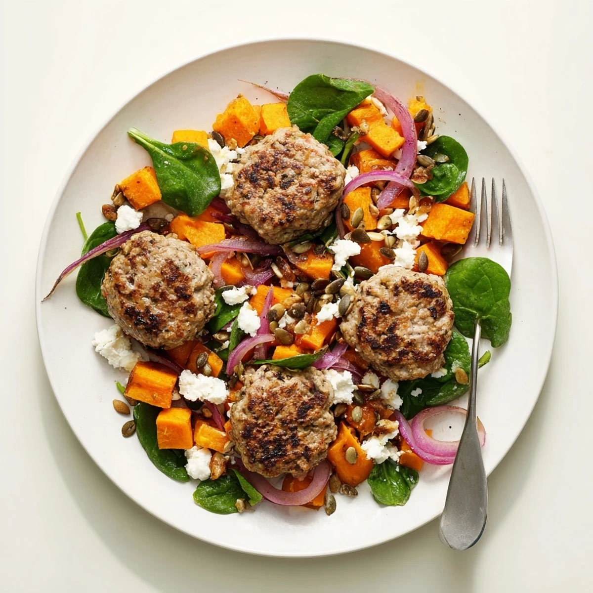Golden-brown lamb rissoles pair with a tangy spinach salad featuring roasted sweet potatoes and pepitas for a hearty dinner.