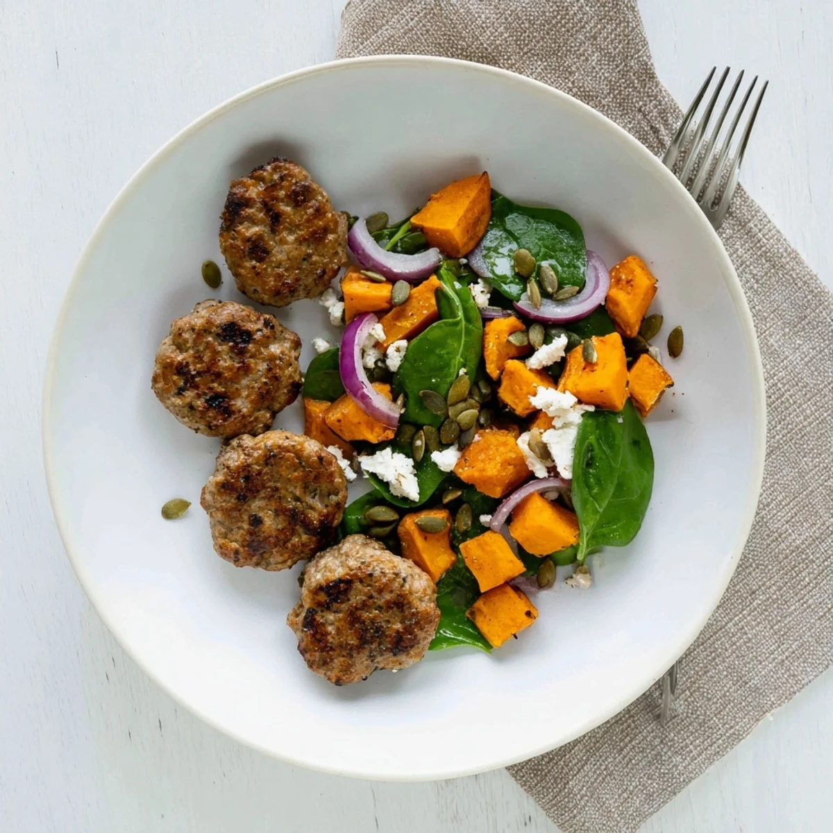 Fork-tender spiced lamb rissoles sit next to roasted sweet potatoes in a fresh salad for a wholesome dinner.