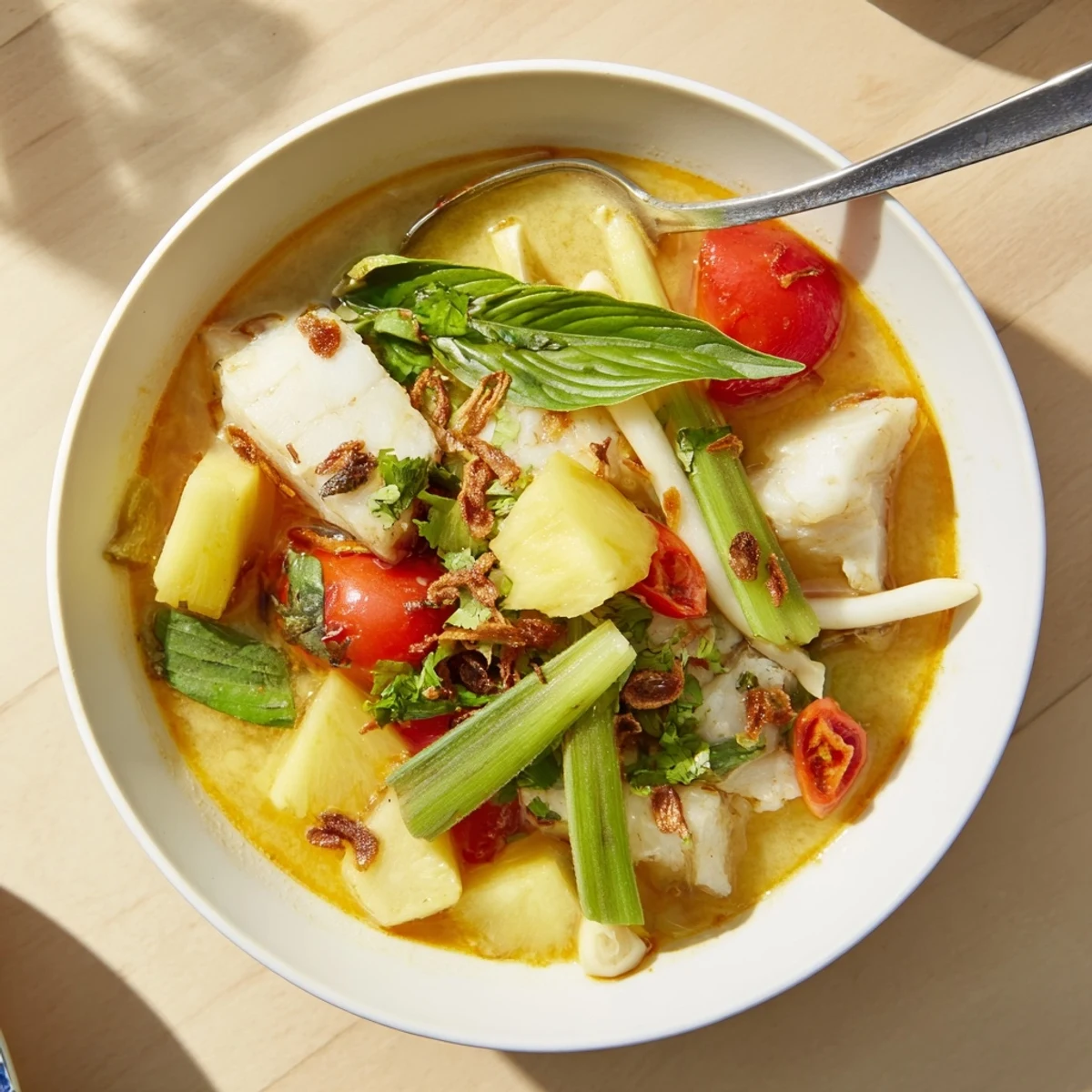 The vibrant red tomatoes, golden pineapple pieces, and bean sprouts float in a tangy broth in this Modern Canh Chua.