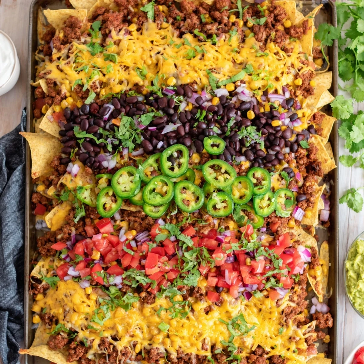 Freshly baked Family Nachos Tray Bake with melted cheddar and Monterey Jack cheese on seasoned beef.