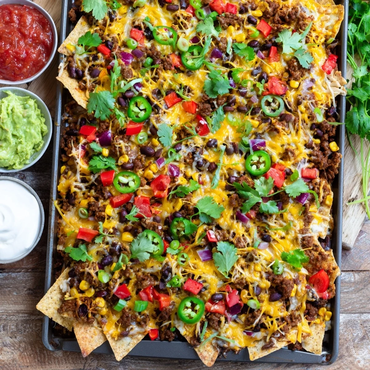 Family Nachos Tray Bake served with sour cream, guacamole, and salsa, ready for game night sharing.