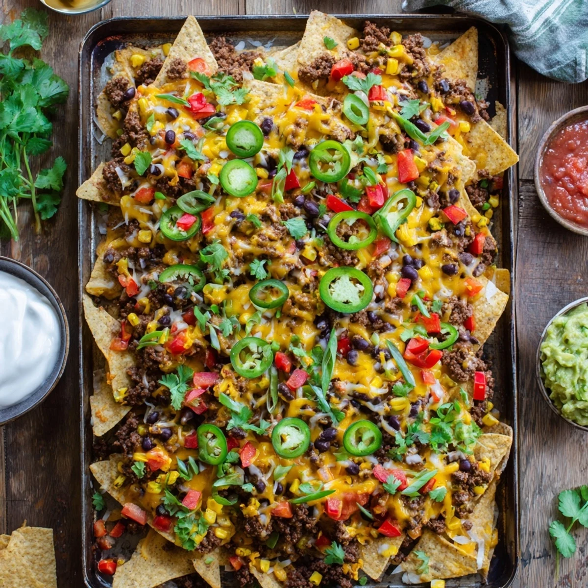 Loaded Family Nachos Tray Bake topped with jalapeños, red bell peppers, and fresh cilantro garnish.