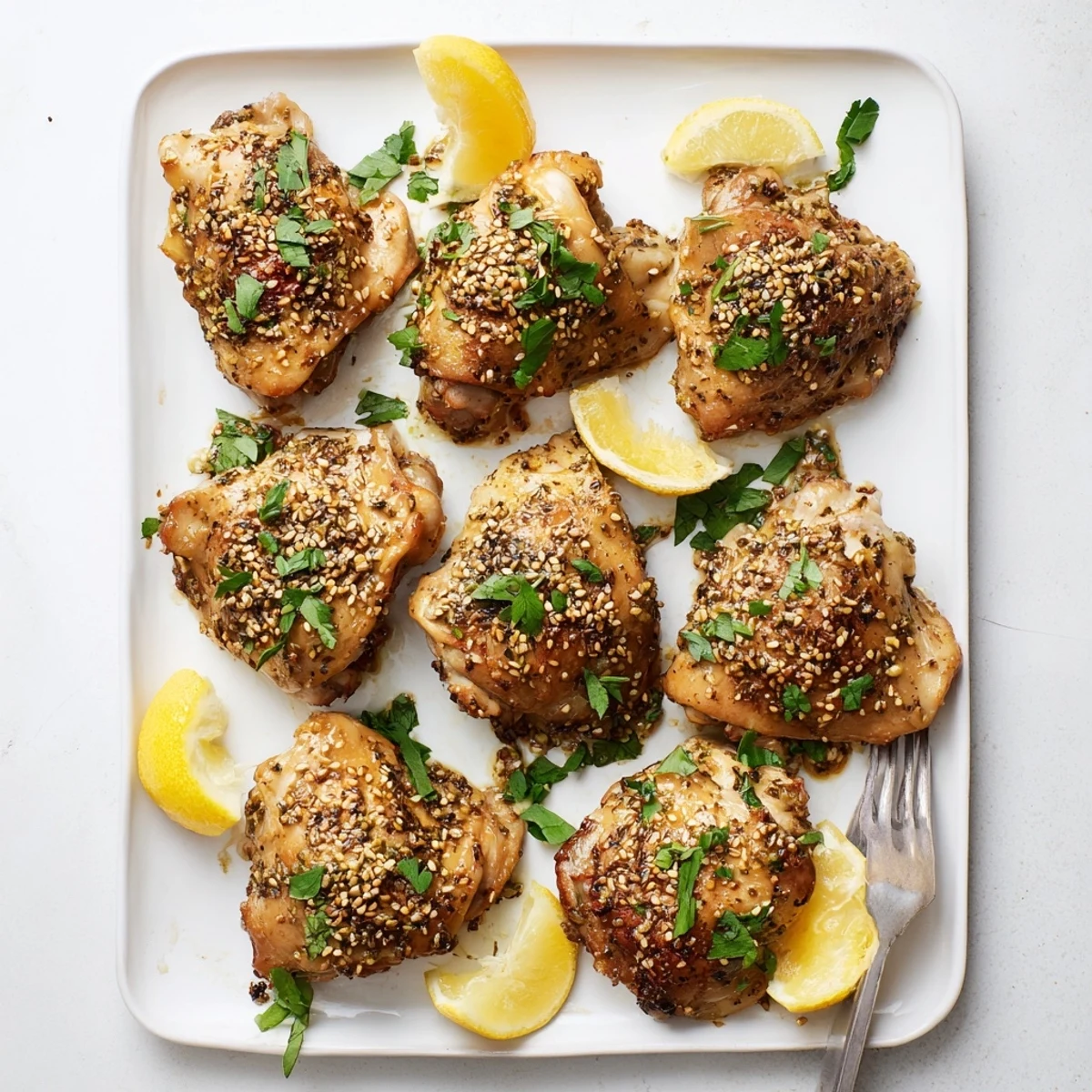 Fresh lemon wedges and Zaatar Tahini Chicken Thighs served with fluffy rice for a vibrant Middle Eastern-inspired dinner.