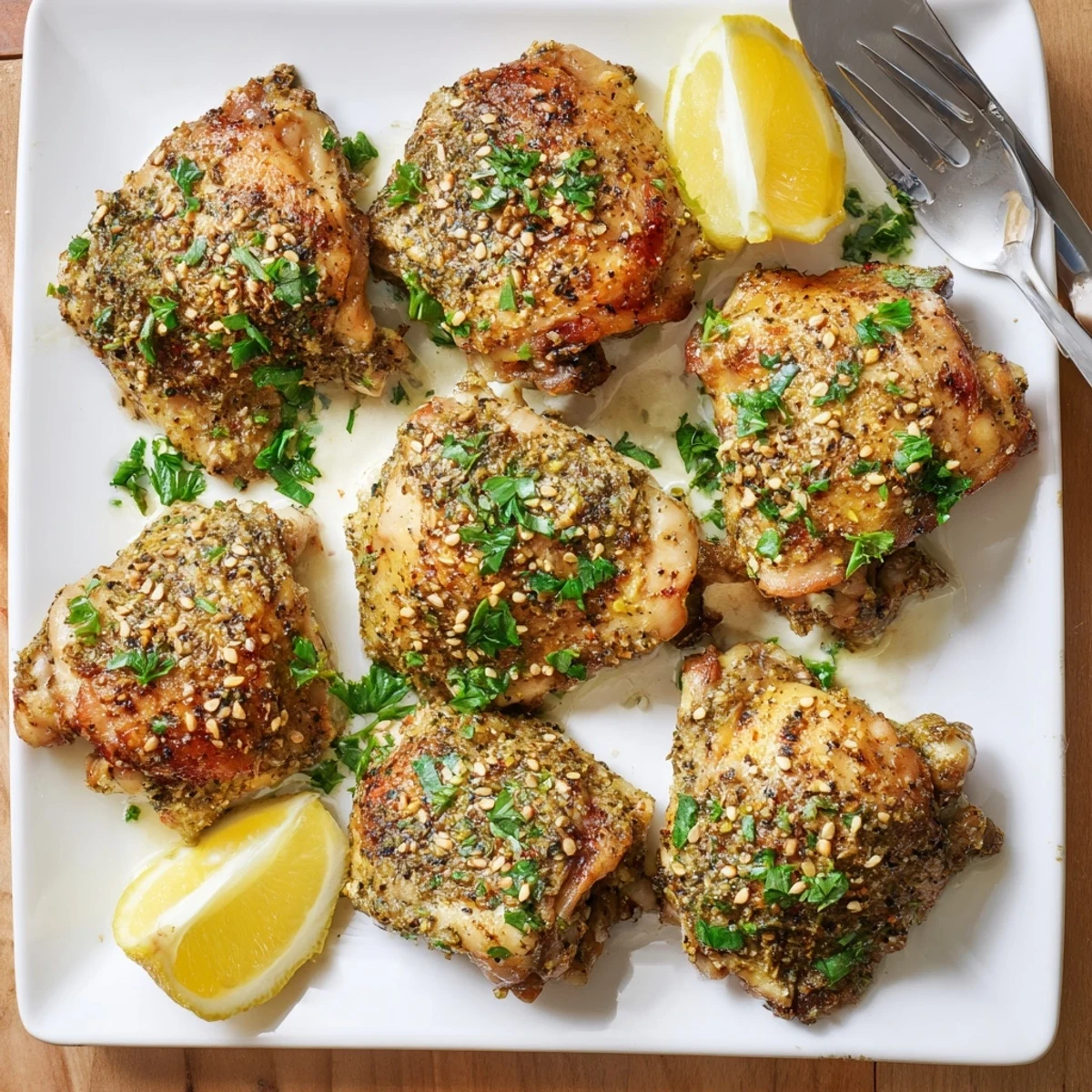 Golden-brown Zaatar Tahini Chicken Thighs with crispy skin on a rustic platter, garnished with fresh parsley and toasted sesame seeds.
