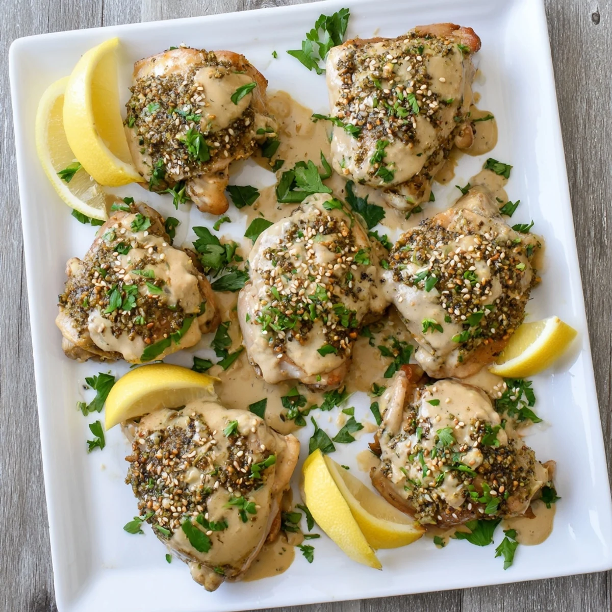 Moist Zaatar Tahini Chicken Thighs roasted to perfection, showcasing aromatic zaatar spices and creamy tahini marinade for family-style dining.