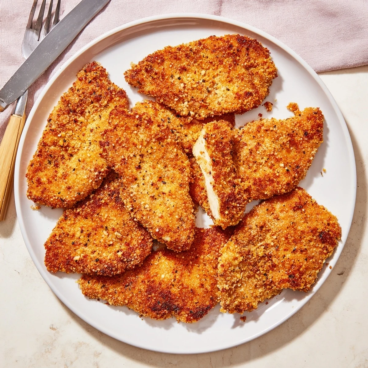 Golden, crispy air fryer breaded chicken breast slices fanned out on a rustic plate with lemon wedges.