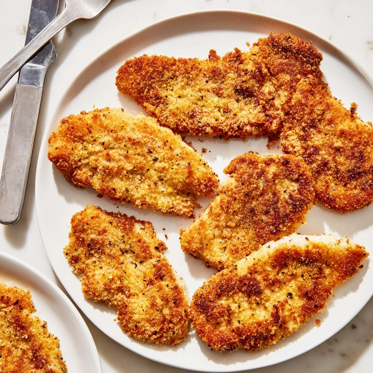 Close-up of crunchy air fryer breaded chicken breast with panko crust and a side of dipping sauce.