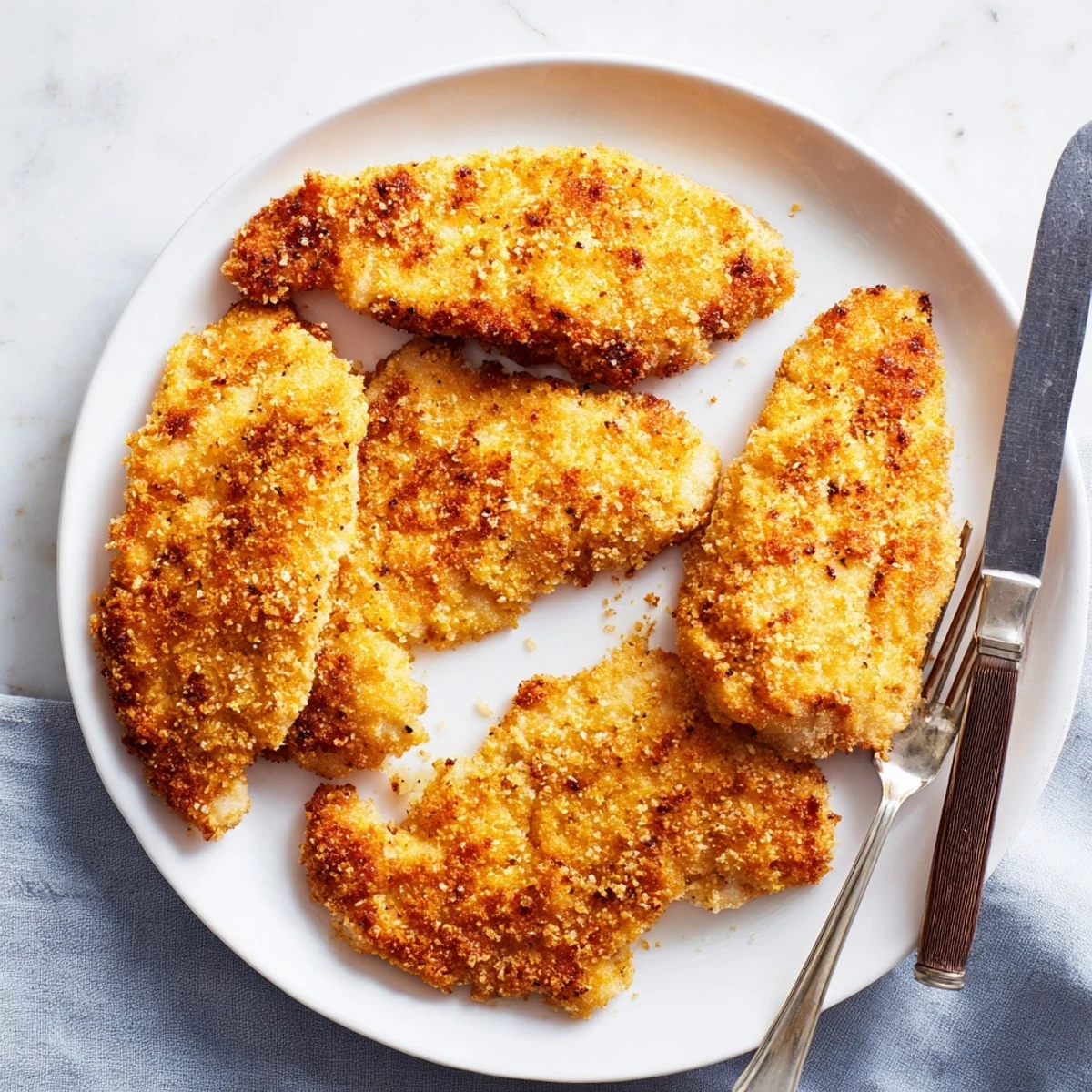 Tender air fryer breaded chicken breast served alongside roasted vegetables on a white dinner plate.
