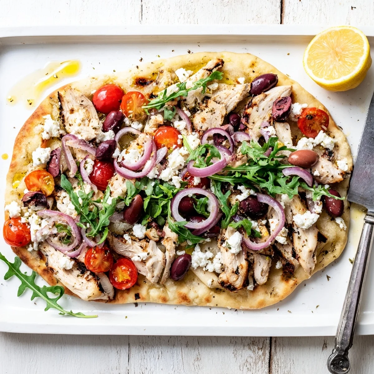 Slice of Zesty Lemon Herb Chicken Flatbread With Creamy Feta being lifted, revealing melted feta and juicy cherry tomatoes.