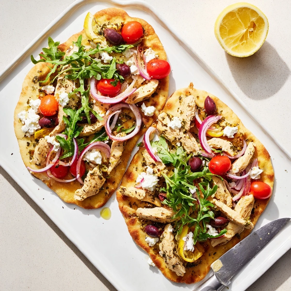 Overhead view of Zesty Lemon Herb Chicken Flatbread With Creamy Feta on a wooden board, garnished with Kalamata olives and herbs.