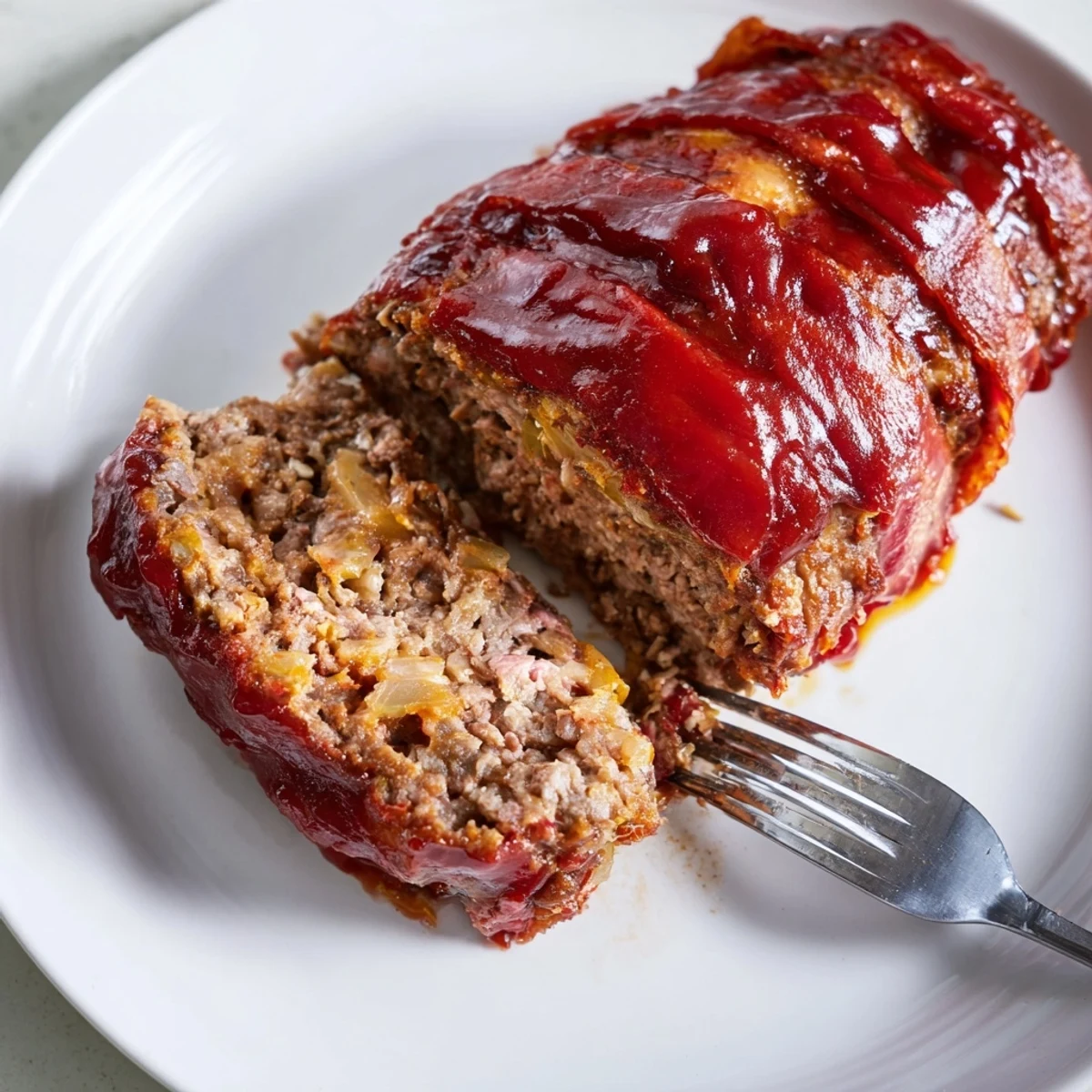 Golden-brown crispy bacon wraps a tender ground beef loaf, brushed with sticky tangy BBQ Beef Bacon Wrapped Meatloaf glaze.