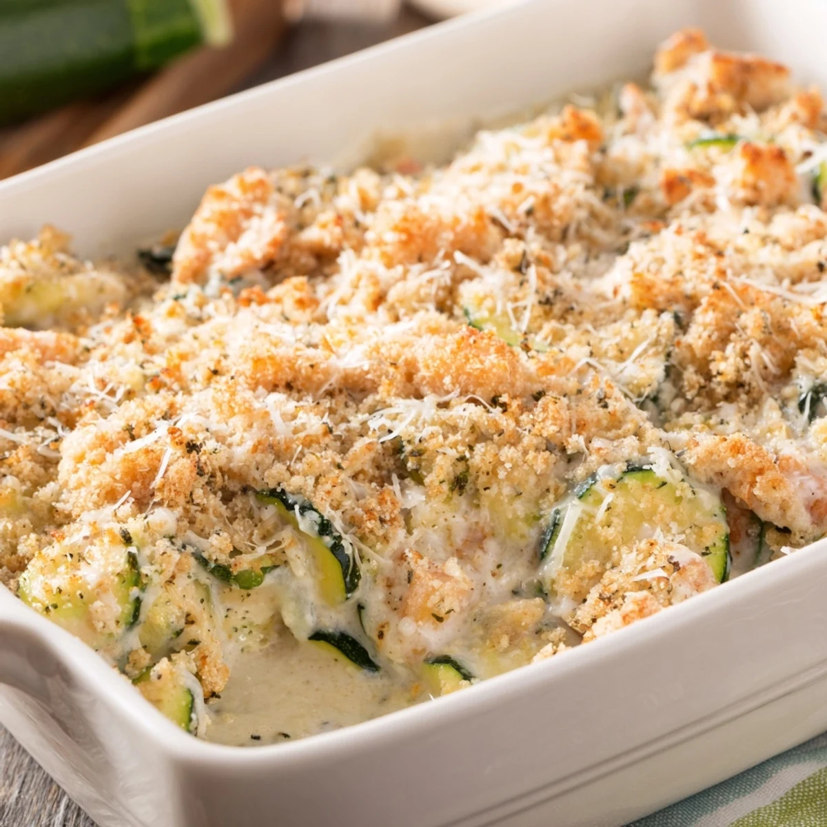 Golden-brown Chicken Zucchini Bake emerges from the oven with bubbling cheese and toasted breadcrumbs.