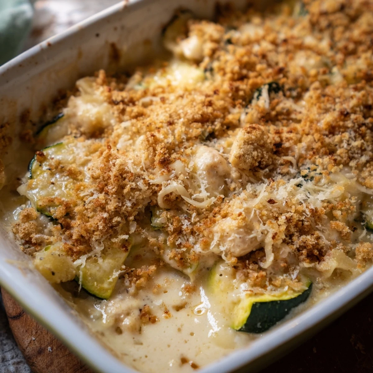 Family-style Chicken Zucchini Bake served hot from the oven, ready for a weeknight dinner.