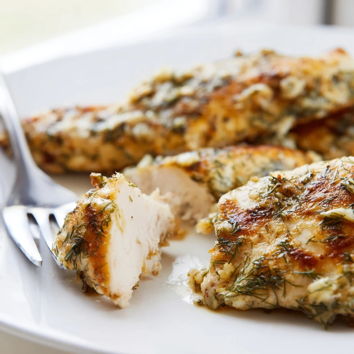 Juicy baked Paleo Lemon Dill Chicken served on a white plate with fresh lemon slices and dill garnish.