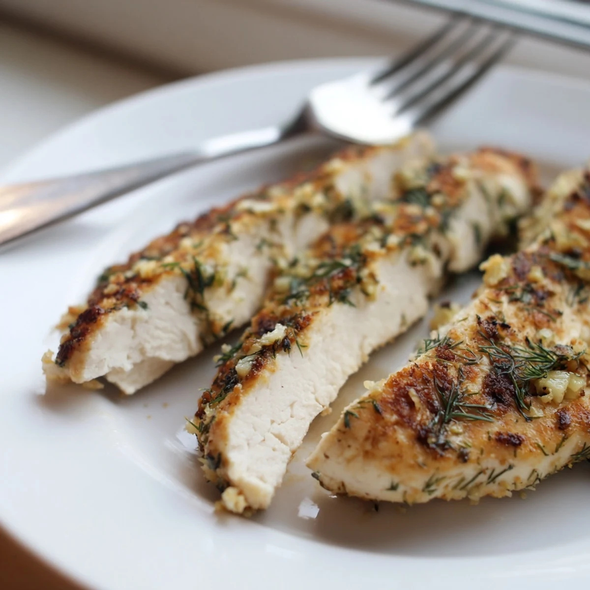 Tender Paleo Lemon Dill Chicken breasts marinated in lemon juice and herbs, ready for a healthy dinner plate.