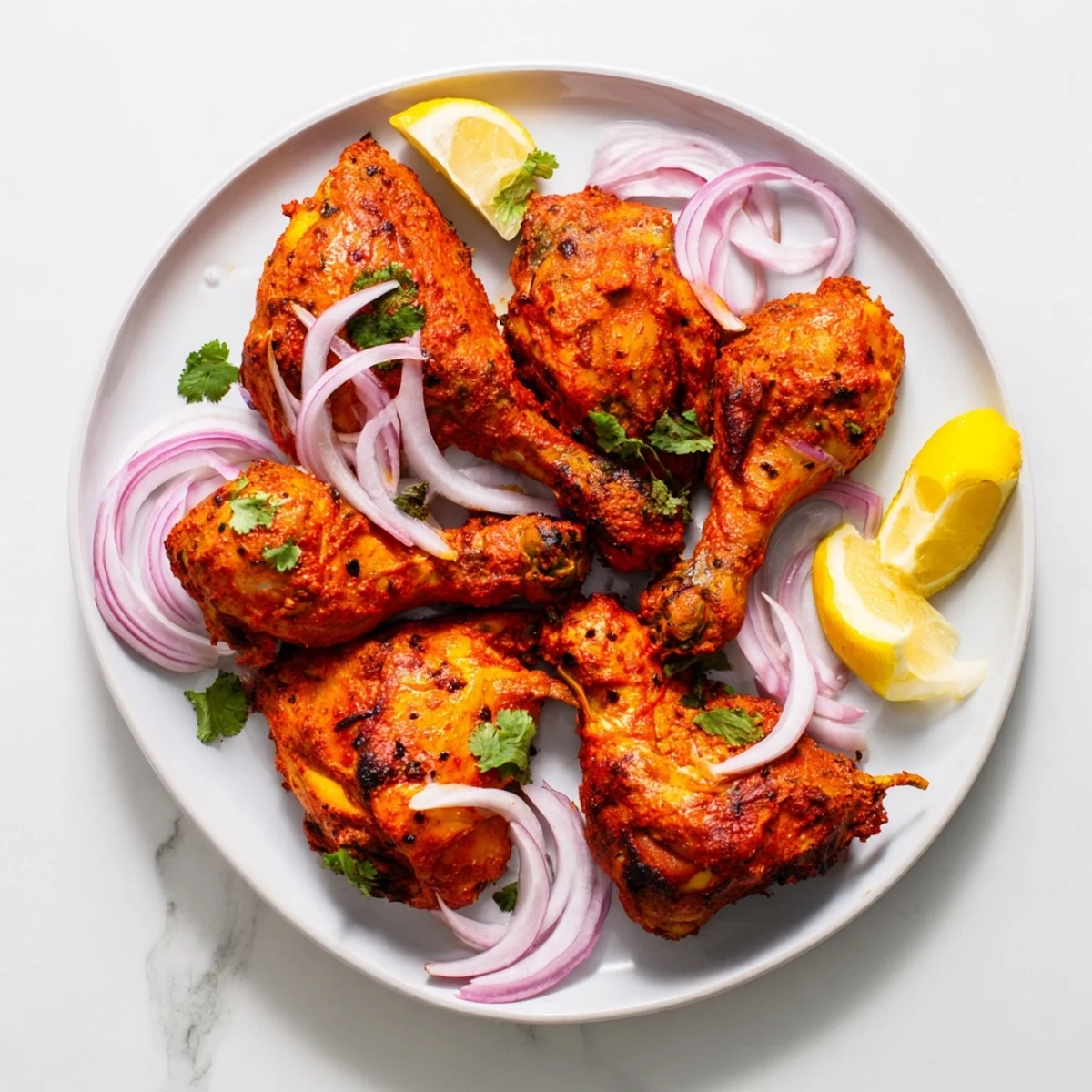 Golden-brown Tandoori Chicken thighs with charred edges, garnished with fresh cilantro and red onion slices, served on a rustic plate.