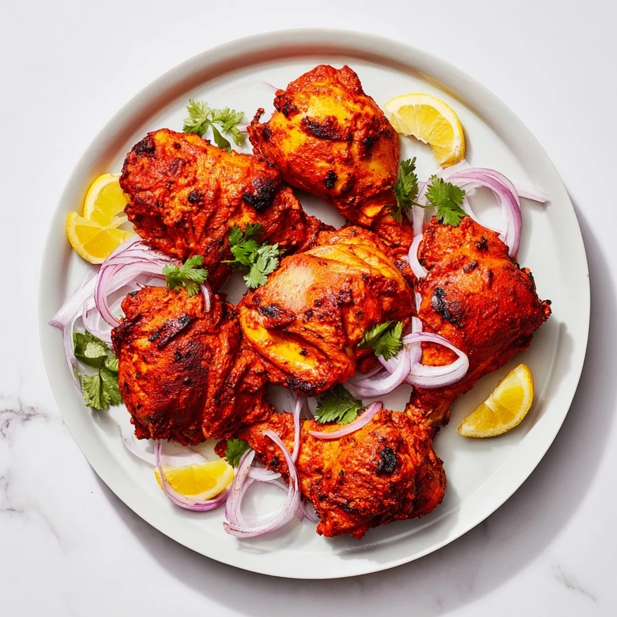 Juicy Tandoori Chicken pieces marinated in creamy yogurt spices, sizzling from the oven with a vibrant red hue and lemon wedges.