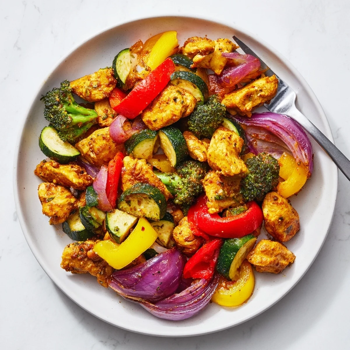 In a white ceramic bowl, the 10-Minute Air Fryer Chicken and Veggies glistens with a savory paprika-seasoned glaze, perfect for a quick dinner.