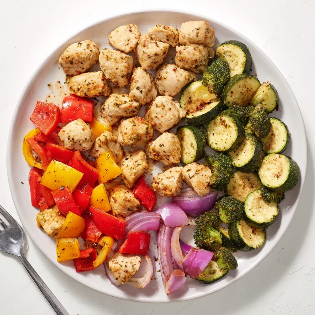 A close-up of 10-Minute Air Fryer Chicken and Veggies showcasing tender, golden chicken pieces alongside vibrant, crisp-tender broccoli and bell peppers.