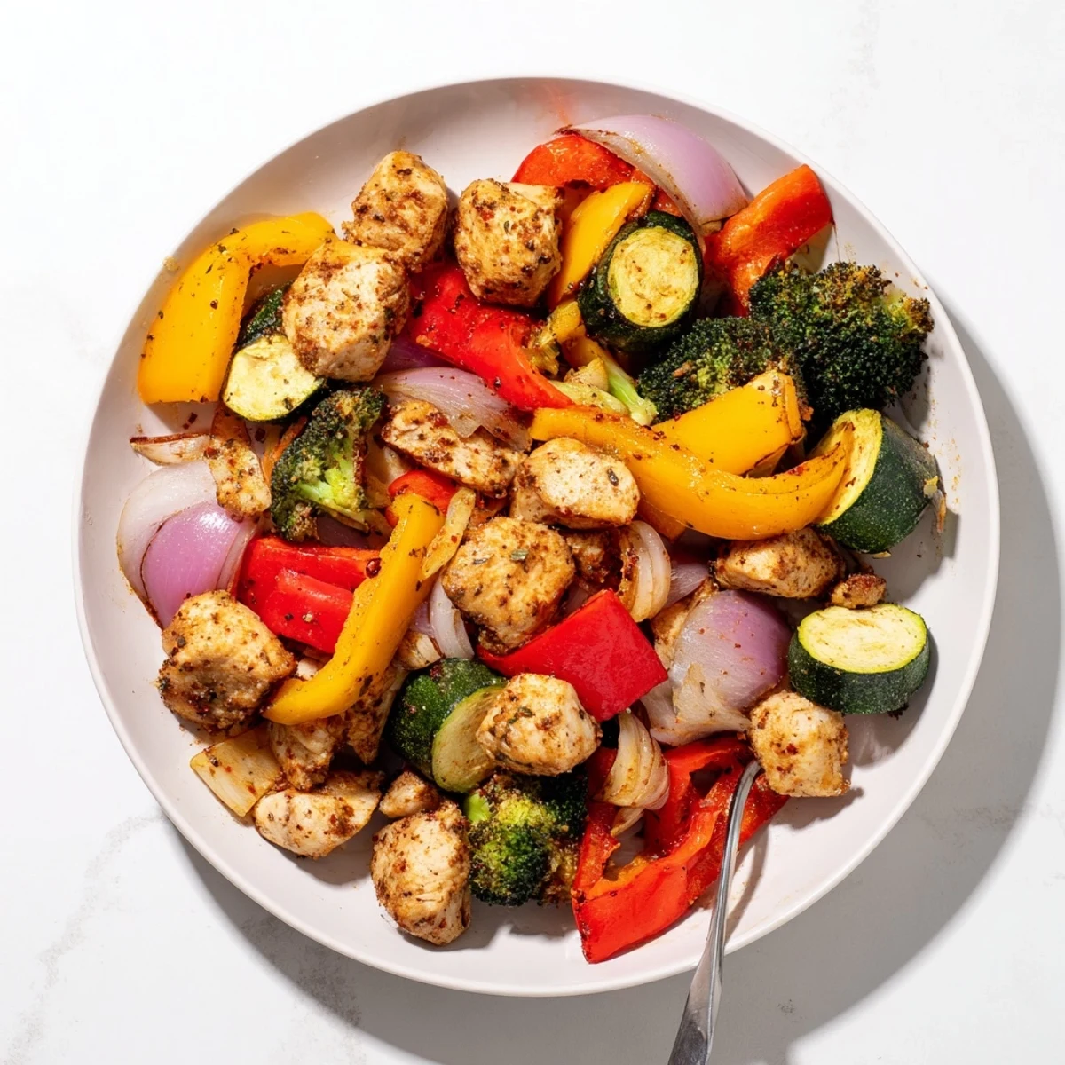 Over a rustic wooden table, a serving of 10-Minute Air Fryer Chicken and Veggies is plated with fluffy quinoa and a fresh lemon wedge.