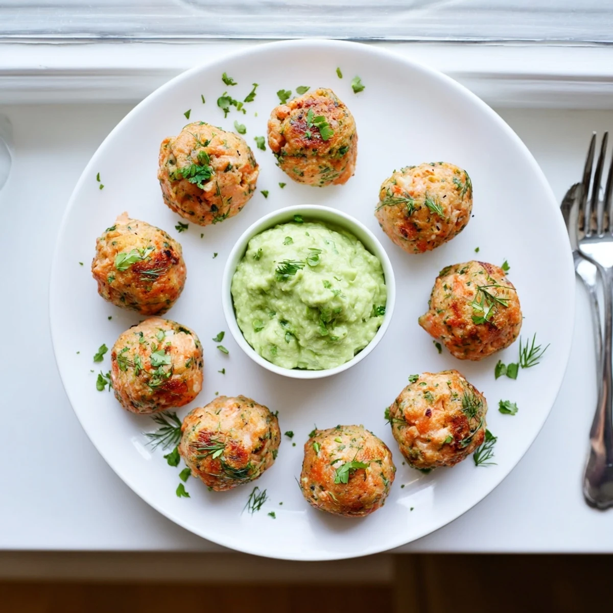 Golden brown salmon balls with creamy avocado sauce served on a white plate, showcasing the Salmon Balls With Creamy Avocado Sauce recipe with fresh dill garnish.