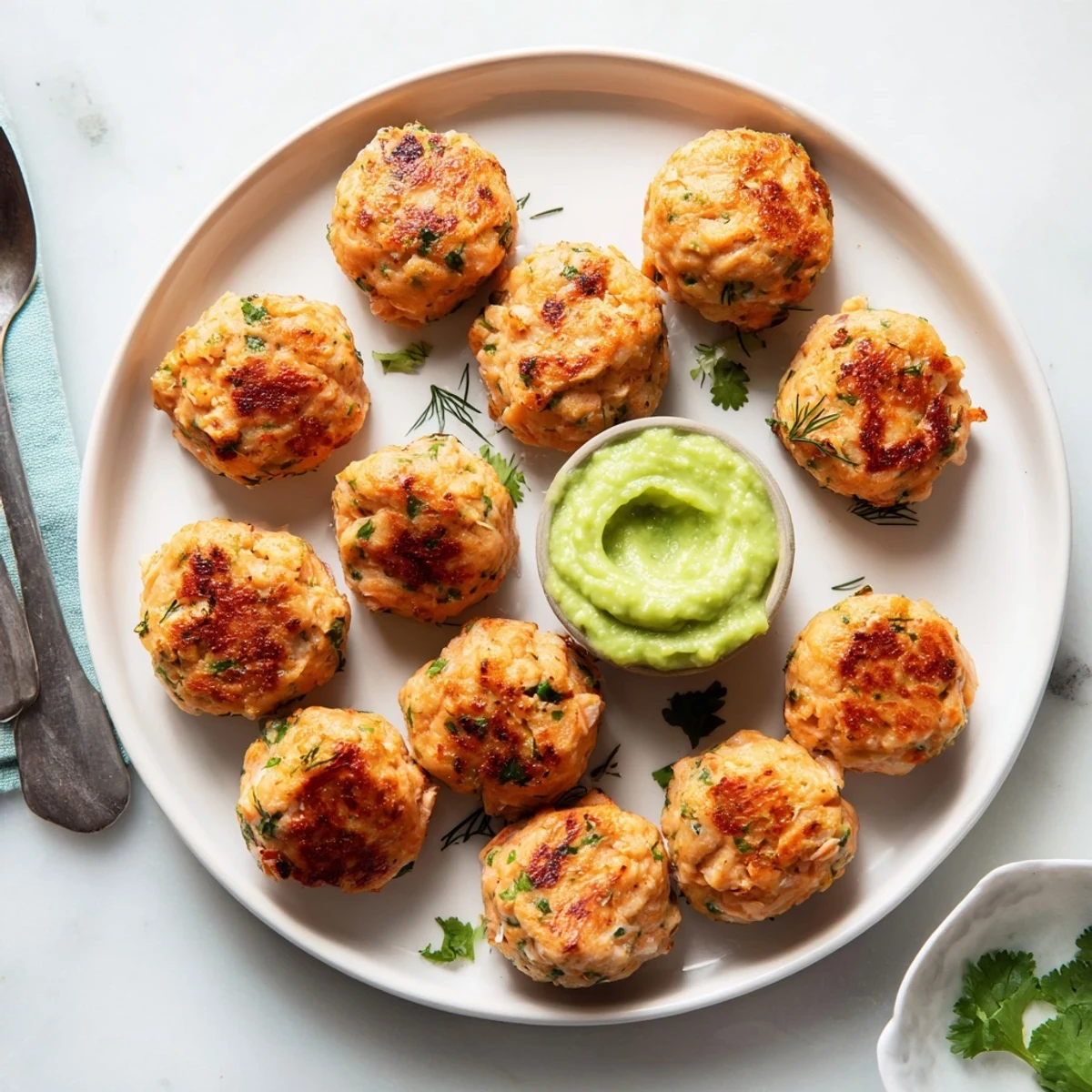 Close-up of the Salmon Balls With Creamy Avocado Sauce appetizer, featuring tender patties and a vibrant green dip, perfect for a gluten-free main dish.