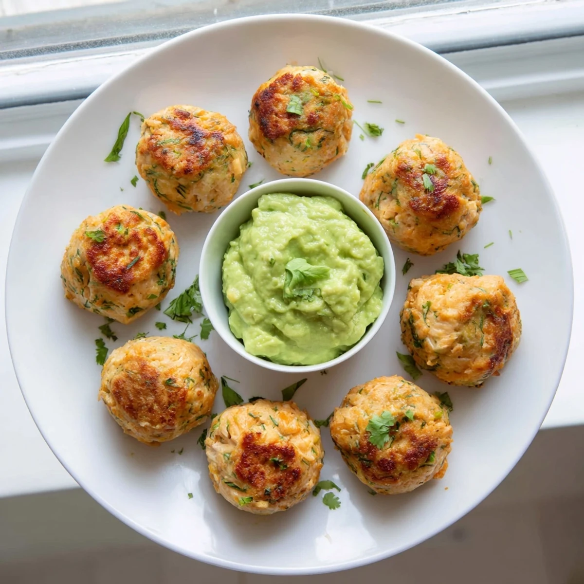A serving of Salmon Balls With Creamy Avocado Sauce, arranged on a platter with lemon wedges, highlighting the juicy texture and tangy flavor.