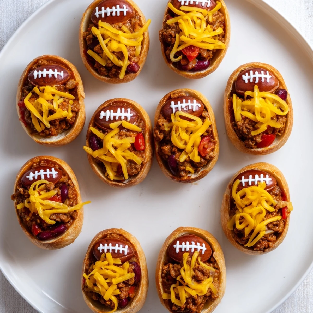 Warm Mini Chili Football Bread Bowls topped with melted cheddar and piped sour cream laces sit on a rustic wooden board.