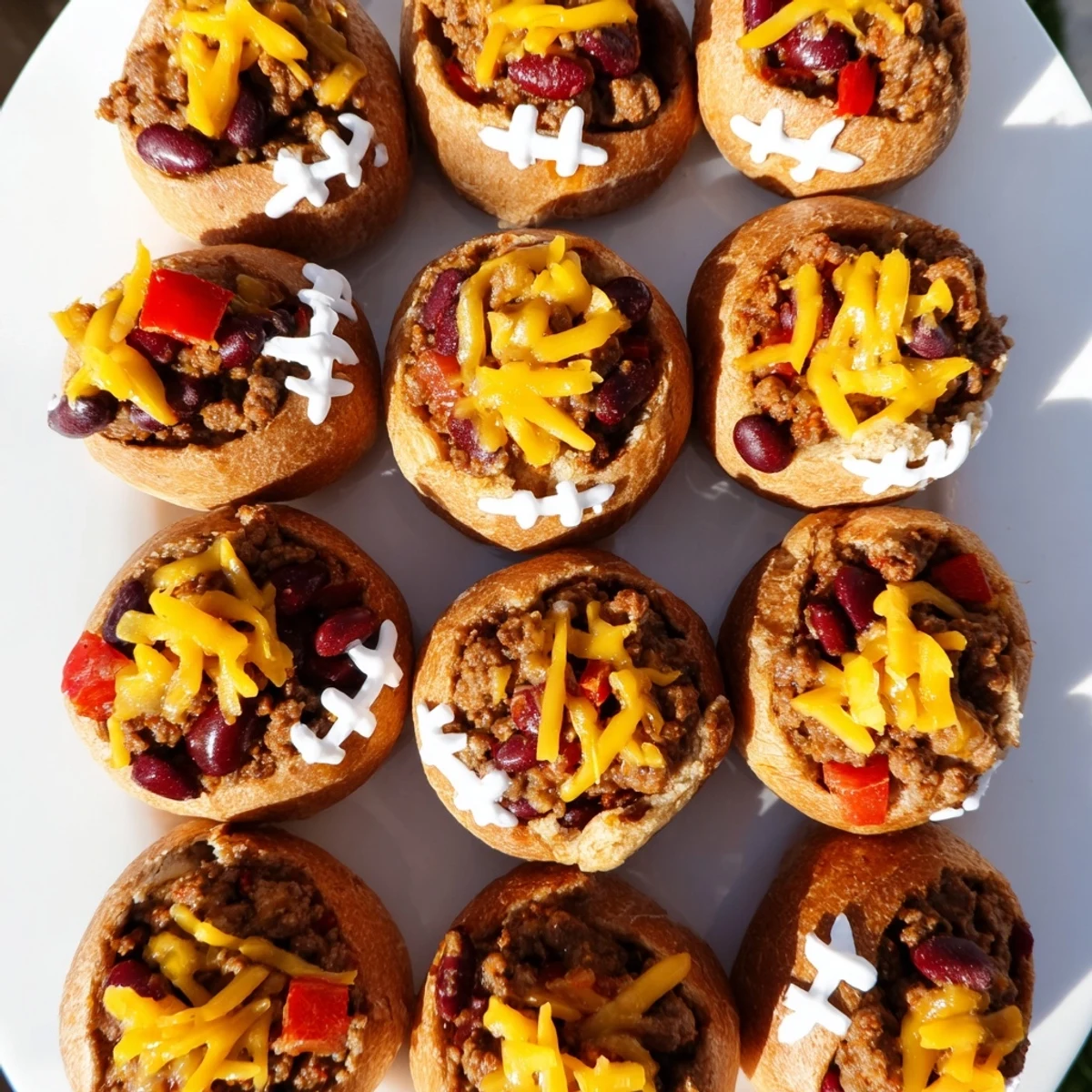A close-up of Mini Chili Football Bread Bowls reveals steaming beef and bean filling with football-shaped sour cream decorations.