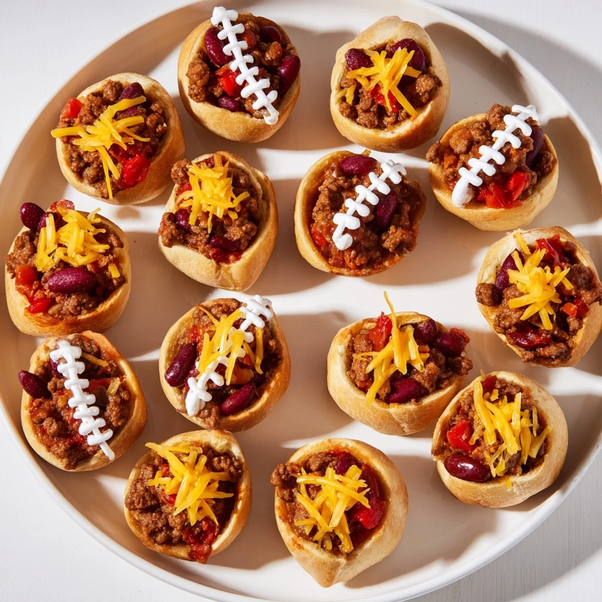 Serve Mini Chili Football Bread Bowls on a game day platter with extra sour cream and sliced green onions for garnish.