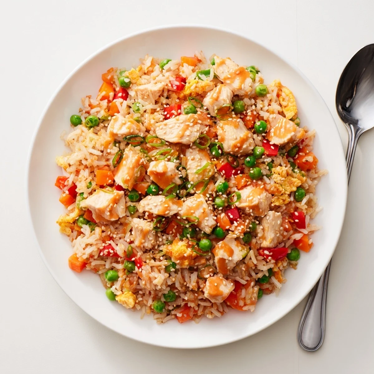 A vibrant serving of Bang Bang Fried Rice garnished with sesame seeds and green onions on a white plate.