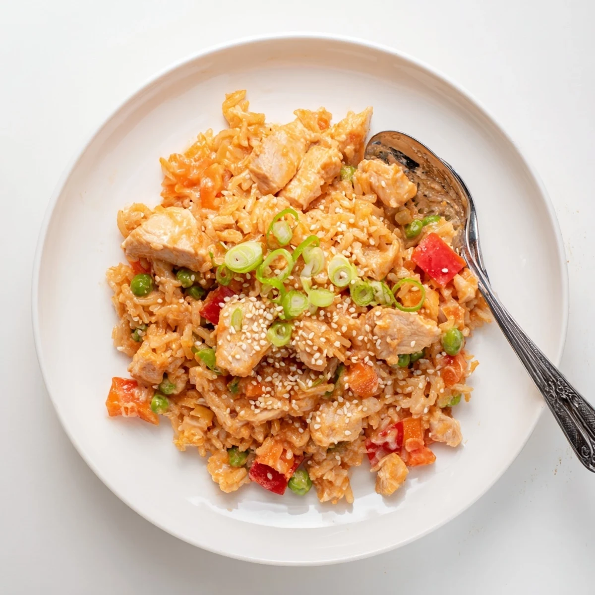 Spicy and sweet Bang Bang Fried Rice with tender chicken, fluffy grains, and colorful vegetables ready to serve.