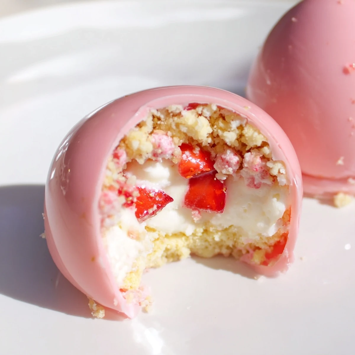 A close-up of Strawberry Shortcake Easter Egg Bombs with white chocolate shells and pastel sprinkles on a pastel plate.