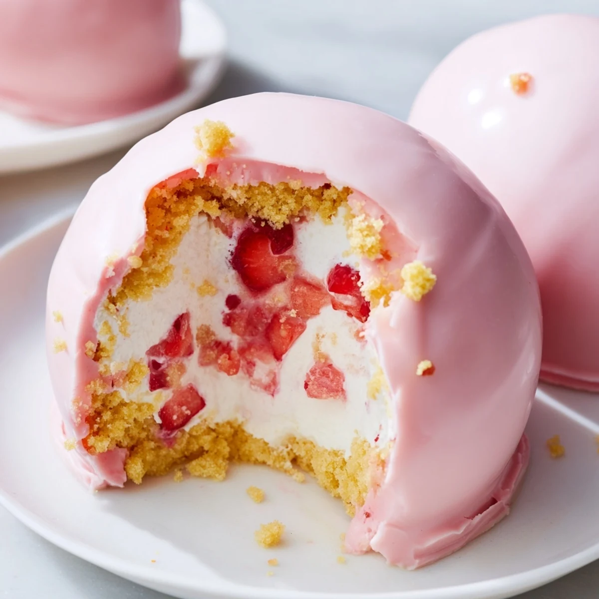 Inside view of a Strawberry Shortcake Easter Egg Bomb revealing fluffy shortcake crumbs and fresh macerated strawberries.
