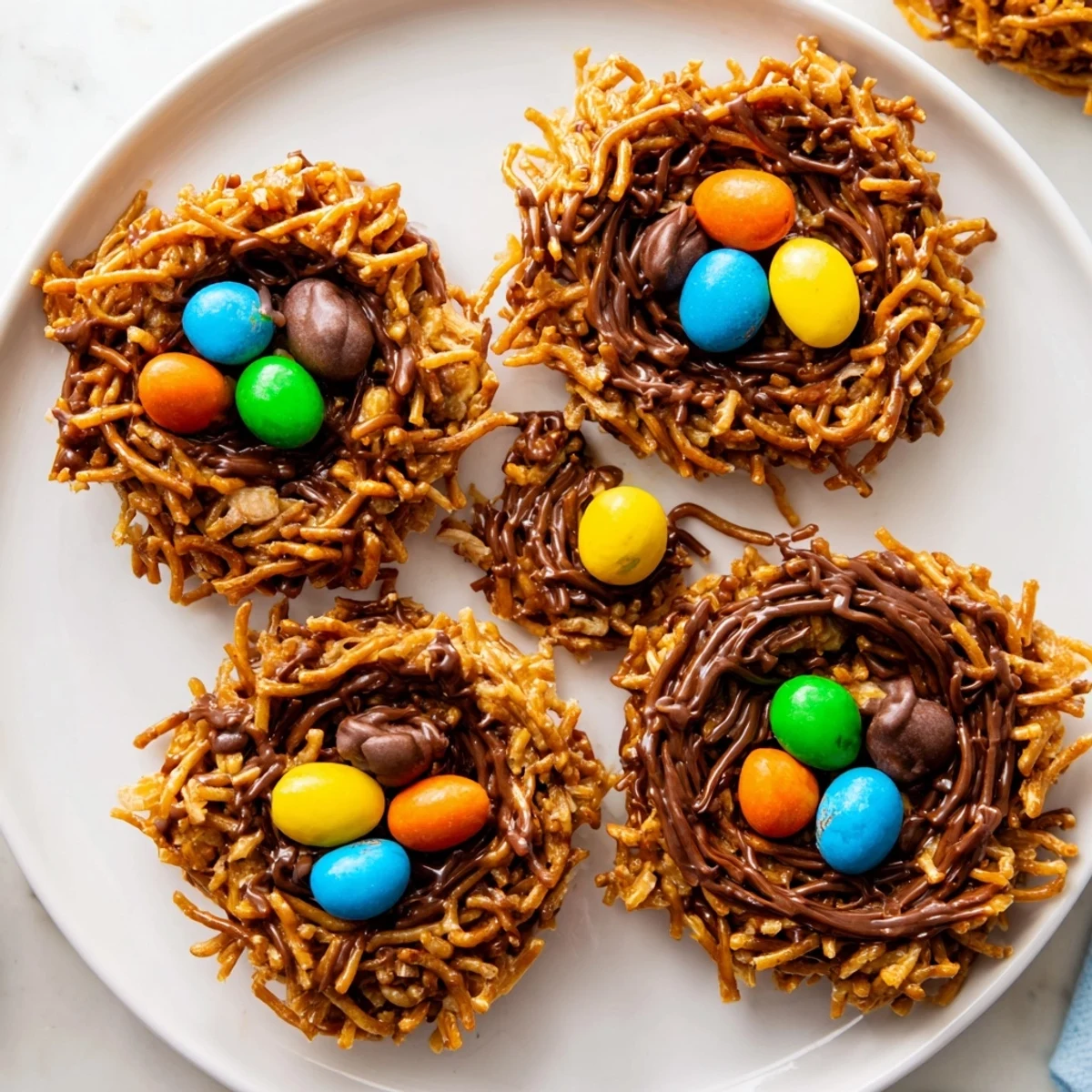 Close-up of Easter Birds Nest Cookies with Peanut Butter and Chocolate, showing chewy noodles coated in rich peanut butter and chocolate, topped with tiny candy eggs.