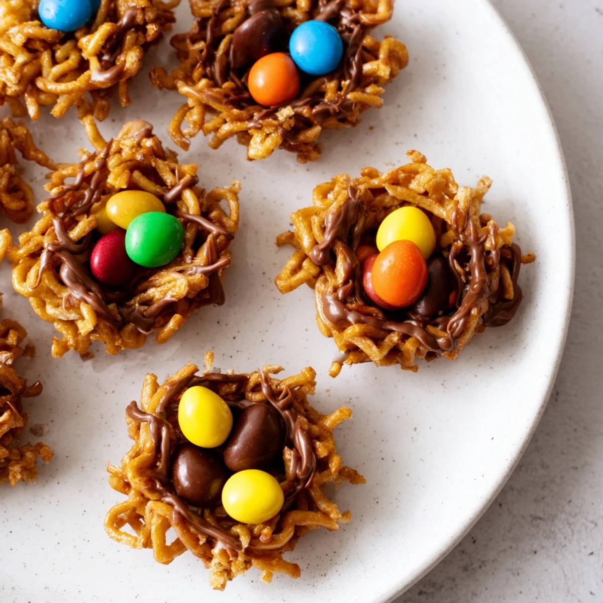 Overhead view of Easter Birds Nest Cookies with Peanut Butter and Chocolate, highlighting crunchy chow mein noodles and glossy melted chocolate chips for a festive dessert.