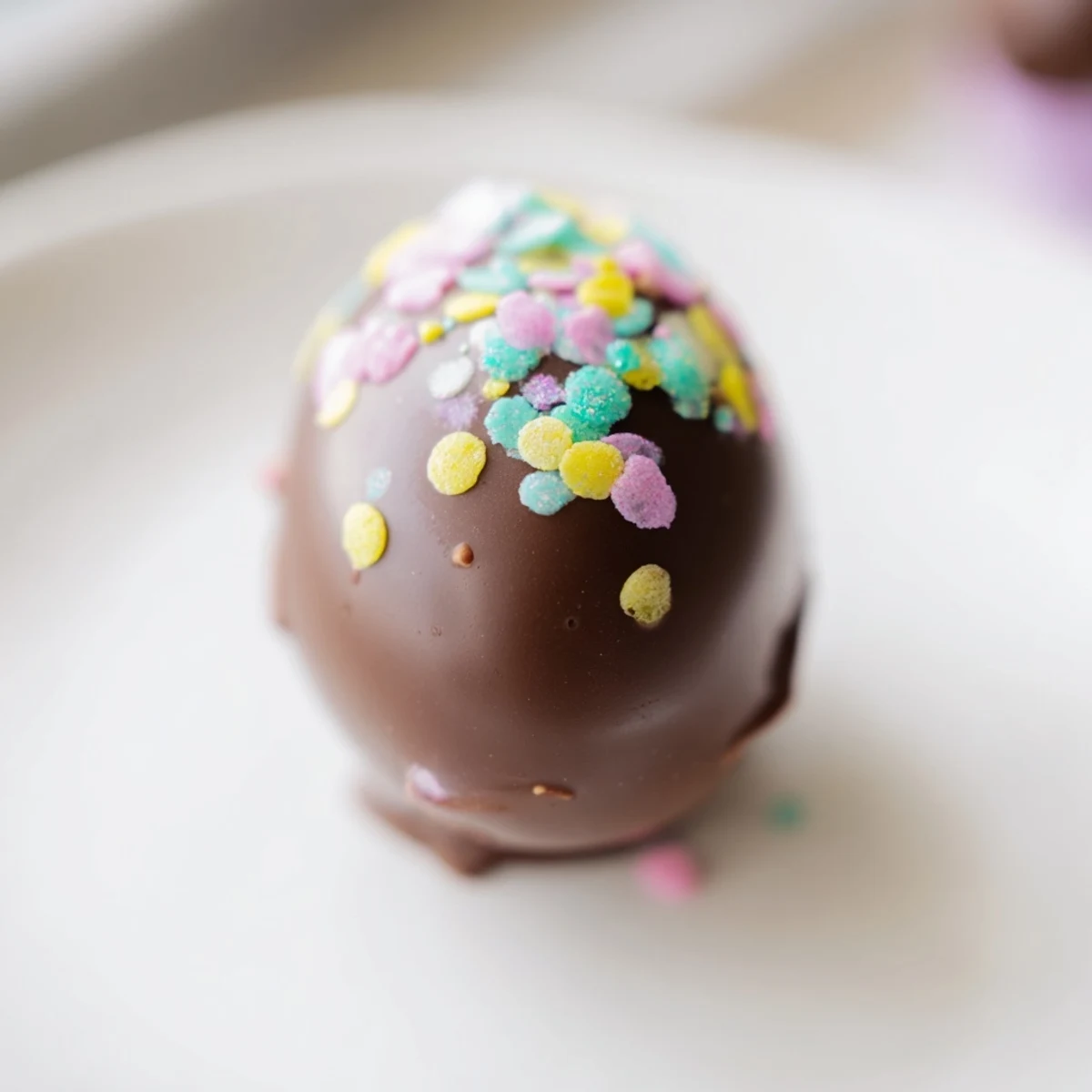 Easter Egg Oreo Balls sit on a marble board with pastel sprinkles and a cup of coffee.