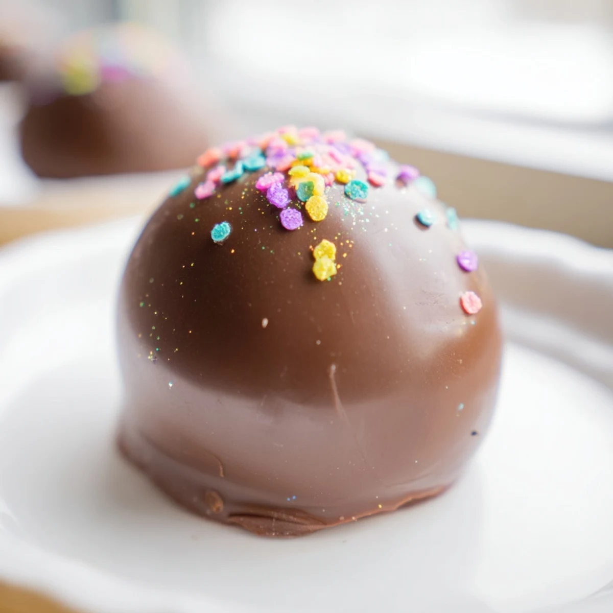 Close-up of Easter Egg Oreo Balls decorated with white chocolate drizzle on a spring linen napkin.