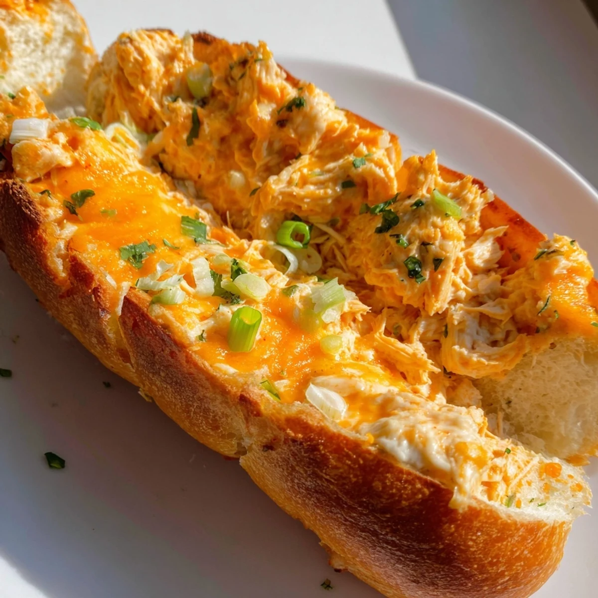 A close-up of Cheesy Buffalo Chicken Stuffed French Bread on a rustic plate, garnished with fresh parsley and green onions.