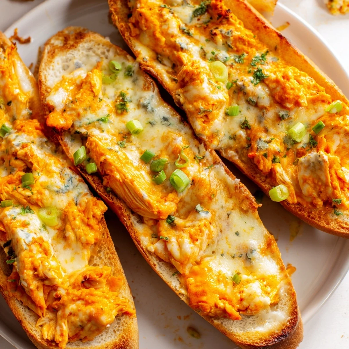 Freshly baked Cheesy Buffalo Chicken Stuffed French Bread, revealing a creamy, zesty buffalo chicken filling inside the hollowed loaf.
