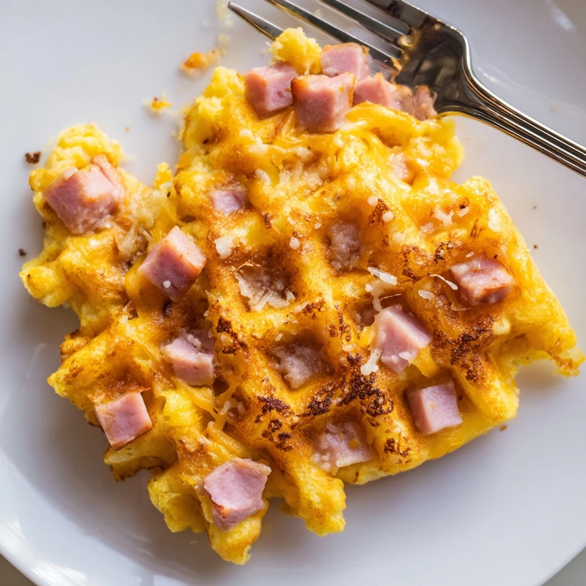 Golden-brown Ham and Cheese Chaffles on a plate, crispy edges visible with melted cheddar and diced ham.