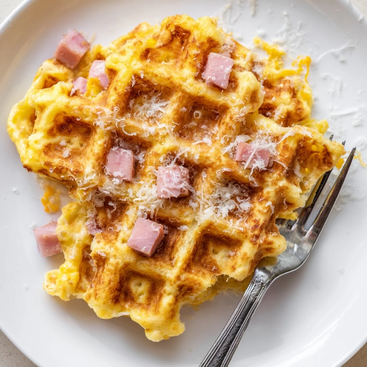 Serving suggestion for Ham and Cheese Chaffles, stacked high on a white plate ready for breakfast or brunch.