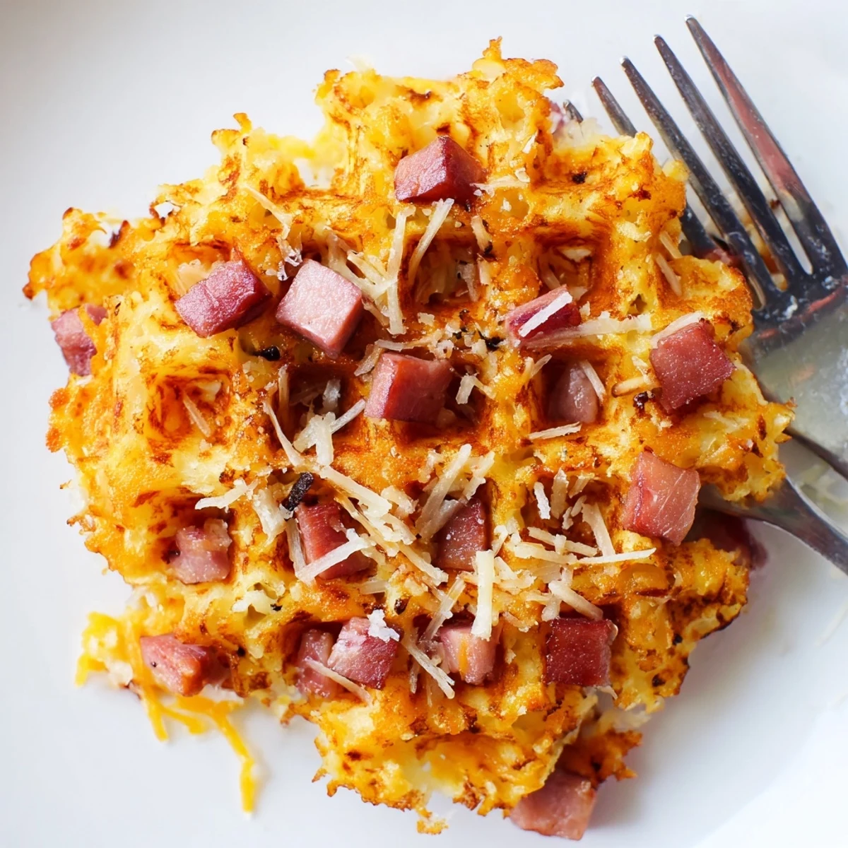 A close-up of freshly cooked Ham and Cheese Chaffles, showcasing a golden, crunchy texture and savory filling.