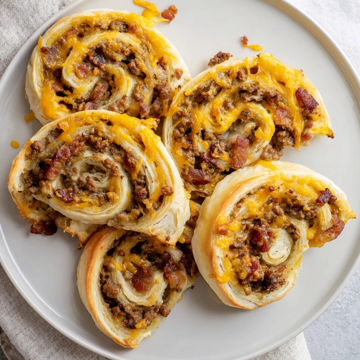 Golden baked Cheesy Bacon Burger Rollups Puff Pastry Appetizer with melty cheddar, crispy bacon bits, and ground beef filling on a marble surface.