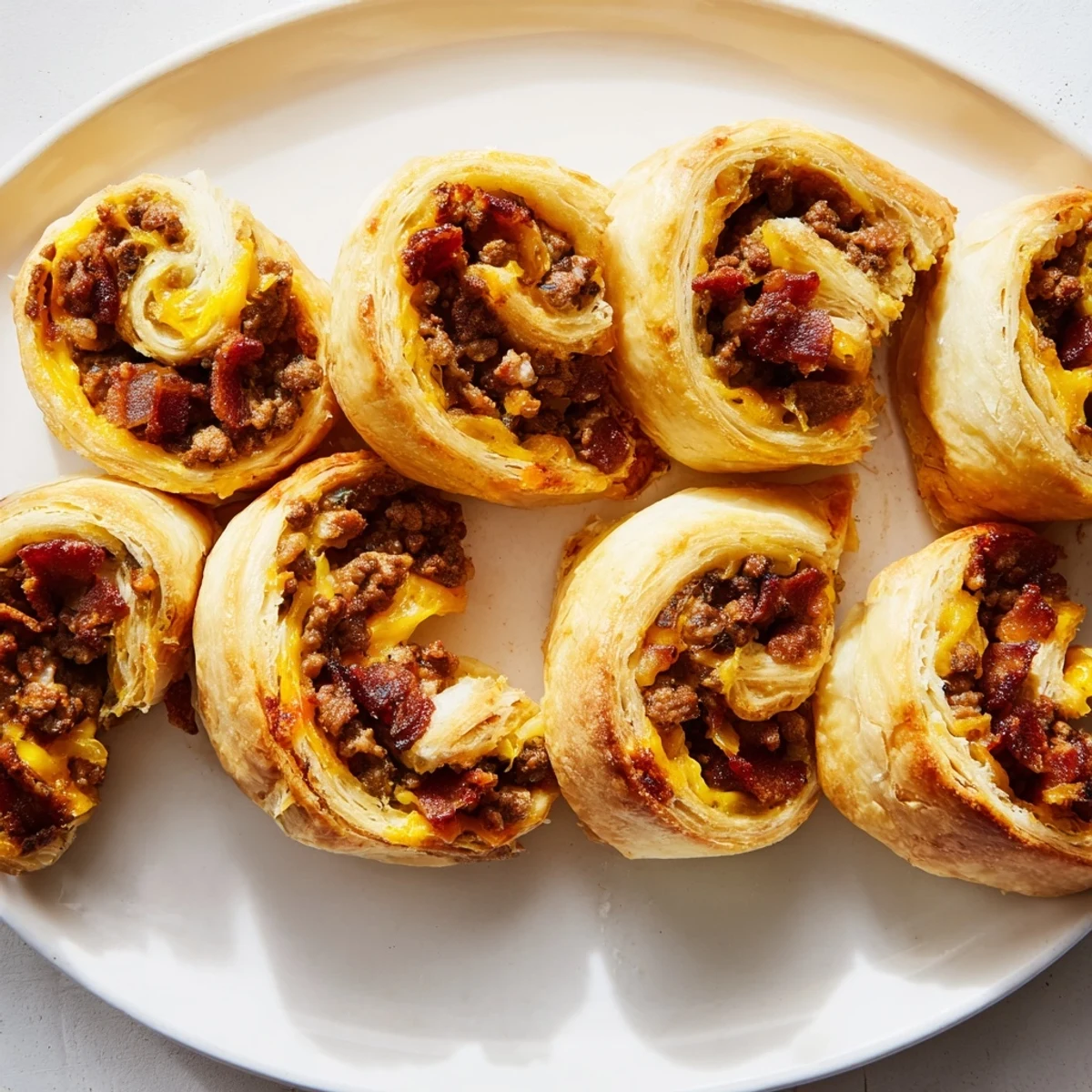 Cheesy Bacon Burger Rollups Puff Pastry Appetizer served warm with ketchup and mustard dipping sauces for a crowd-pleasing game day snack.