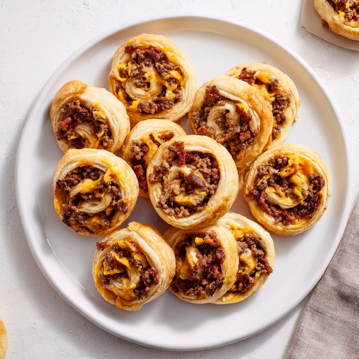 Freshly baked Cheesy Bacon Burger Rollups Puff Pastry Appetizer on a platter, golden puff pastry spirals revealing savory beef and cheese filling.