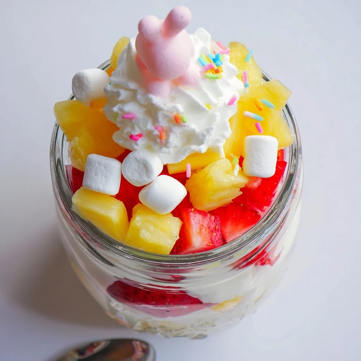 A spoon-ready Jello Pie Easter Bunny Parfait In A Jar showcases lemon and strawberry gelatin cubes and fluffy whipped cream.